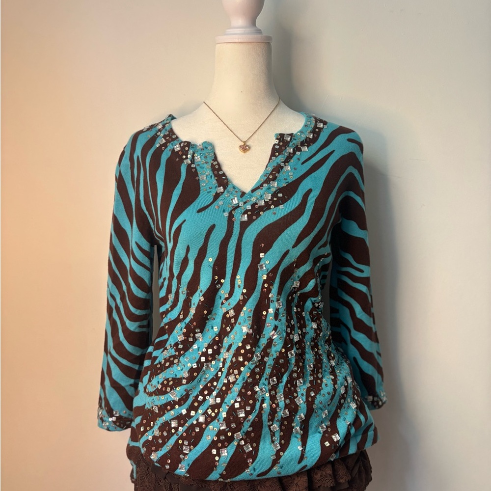 Y2K Blue & Brown Stylish Zebra Print Women's Top